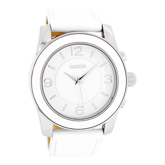 OOZOO Timepieces - Zilverkleurige horloge met witte leren band - C5387