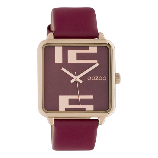 OOZOO Timepieces - Rosé goudkleurige horloge met bordeaux rode leren band - C10363