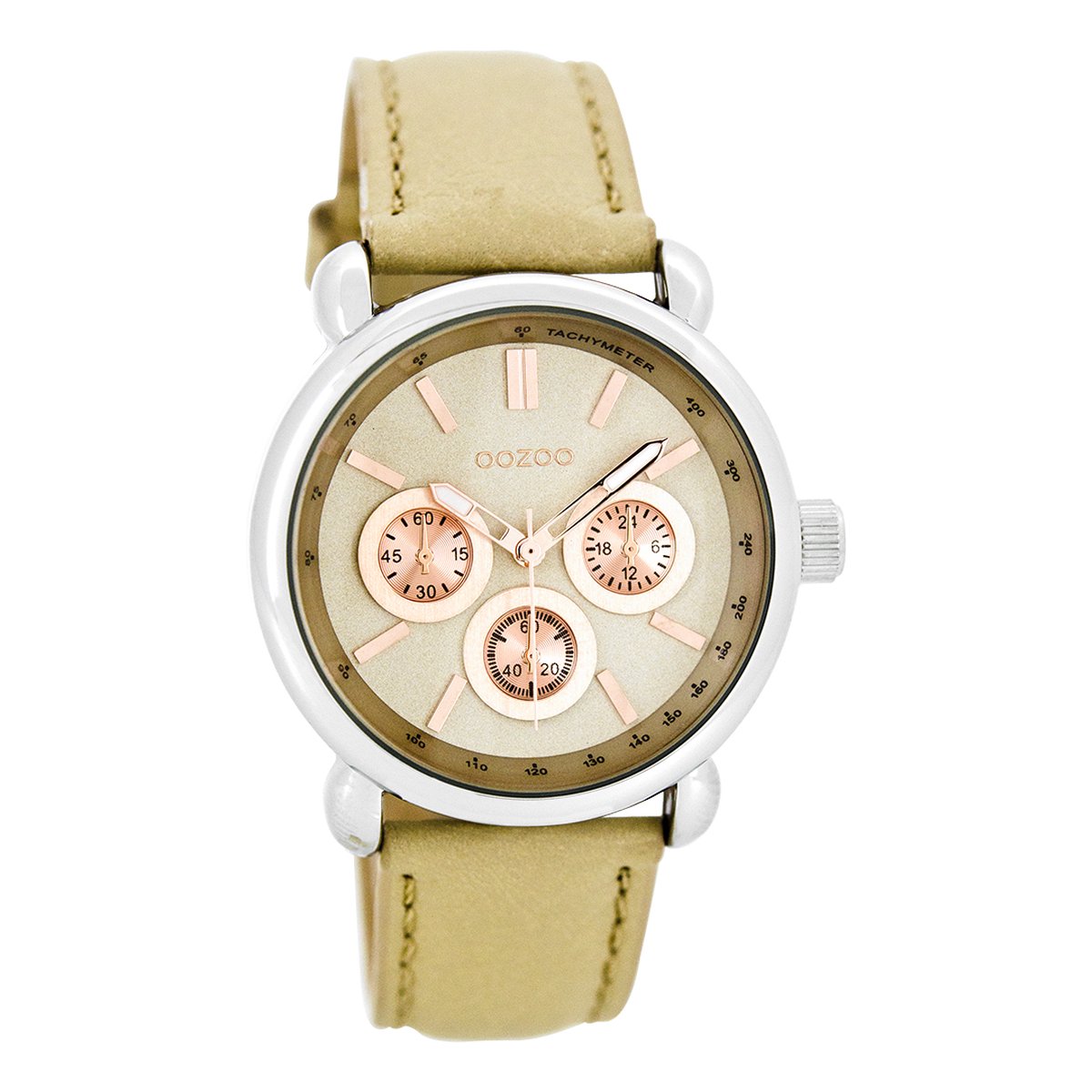 OOZOO Timepieces - Zilverkleurige horloge met zand leren band - C7135