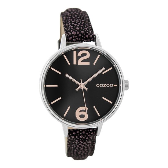 OOZOO Timepieces - Zilverkleurige horloge met zwarte leren band - C9484