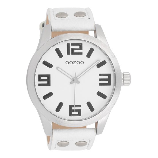 OOZOO Timepieces - Zilverkleurige horloge met witte leren band - C1050