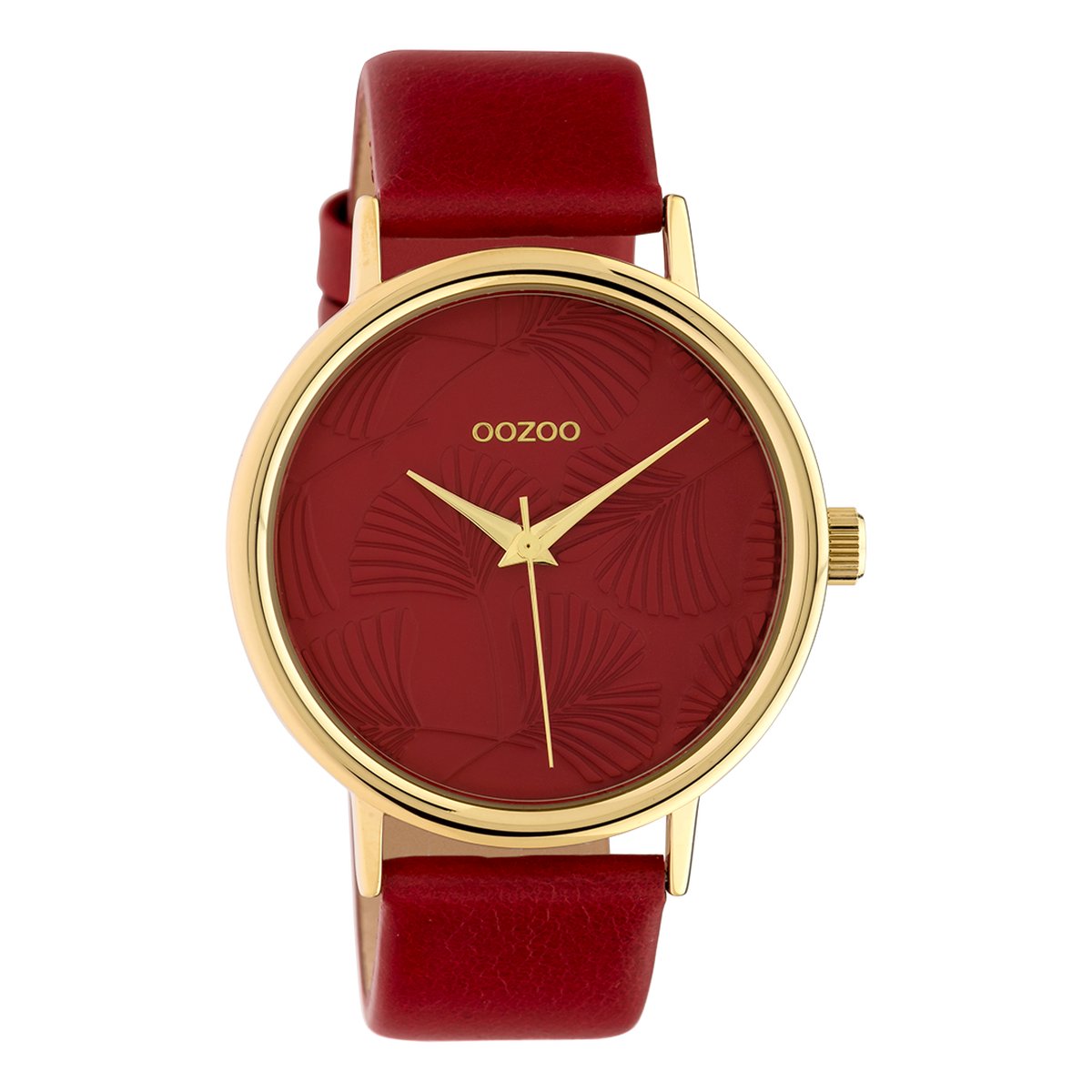 OOZOO Timepieces - Goudkleurige horloge met rode leren band - C10393