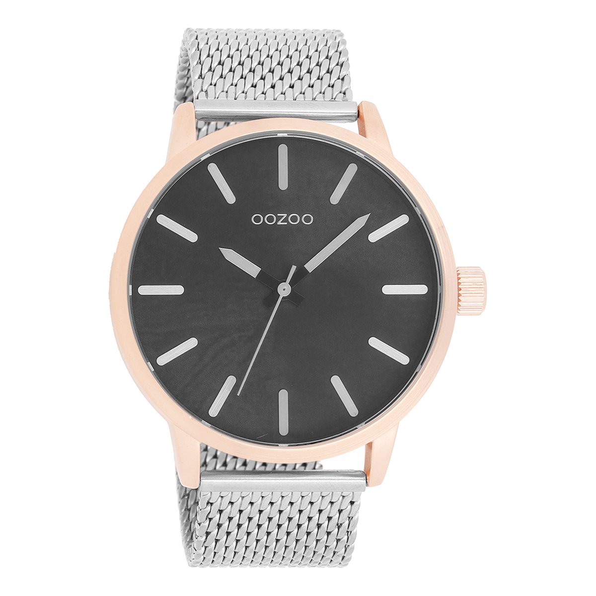 OOZOO Timepieces - Rosé goudkleurige horloge met zilverkleurige metalen mesh armband - C9657