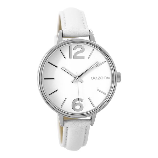 OOZOO Timepieces - Zilverkleurige horloge met witte leren band - C9480