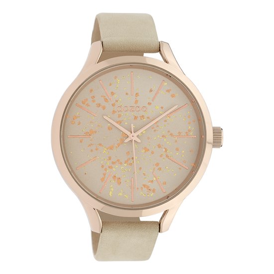 OOZOO Timepieces - Rosé goudkleurige horloge met zand leren band - C10086