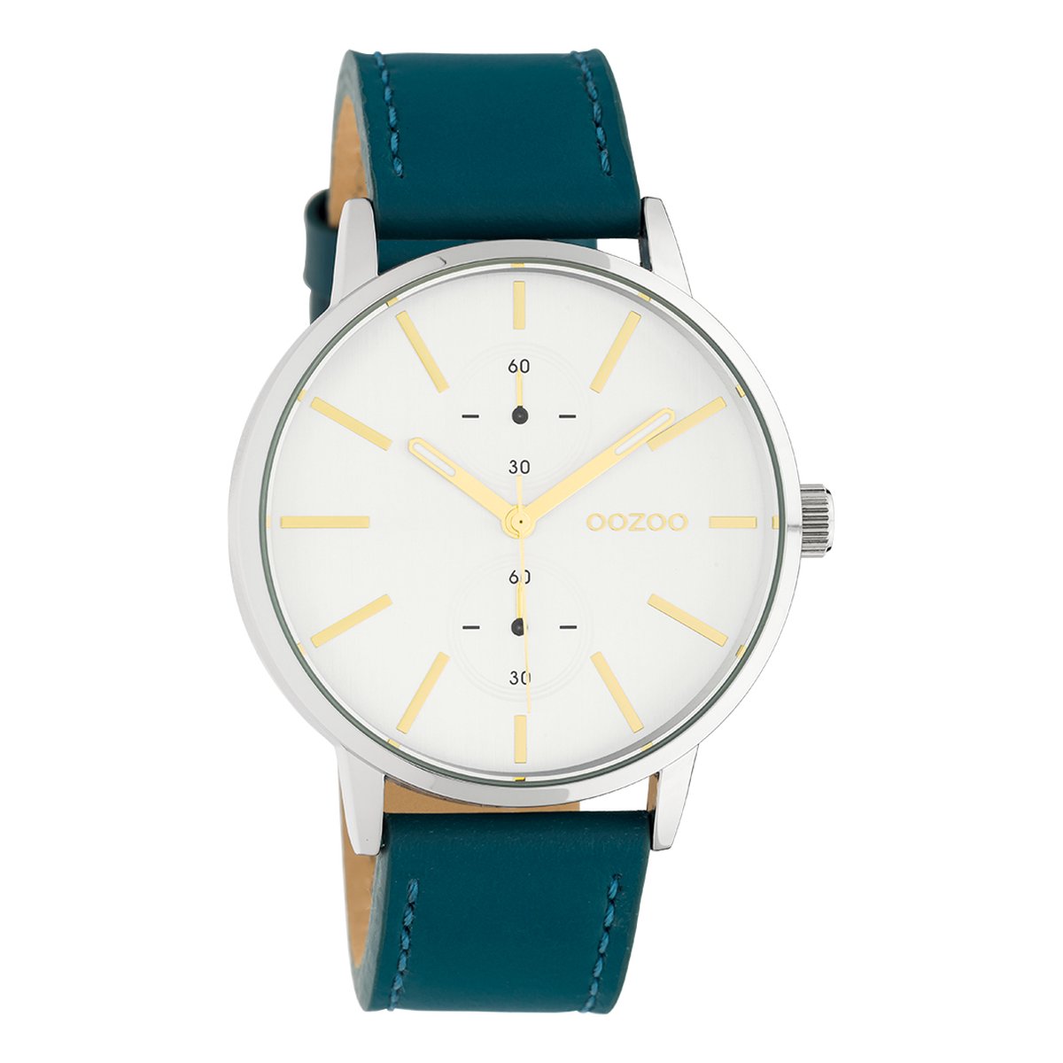 OOZOO Timepieces - Zilverkleurige horloge met viridiaan groene leren band - C10587