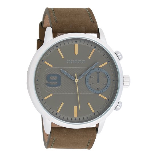 OOZOO Timepieces - Zilverkleurige horloge met groene leren band - C8582