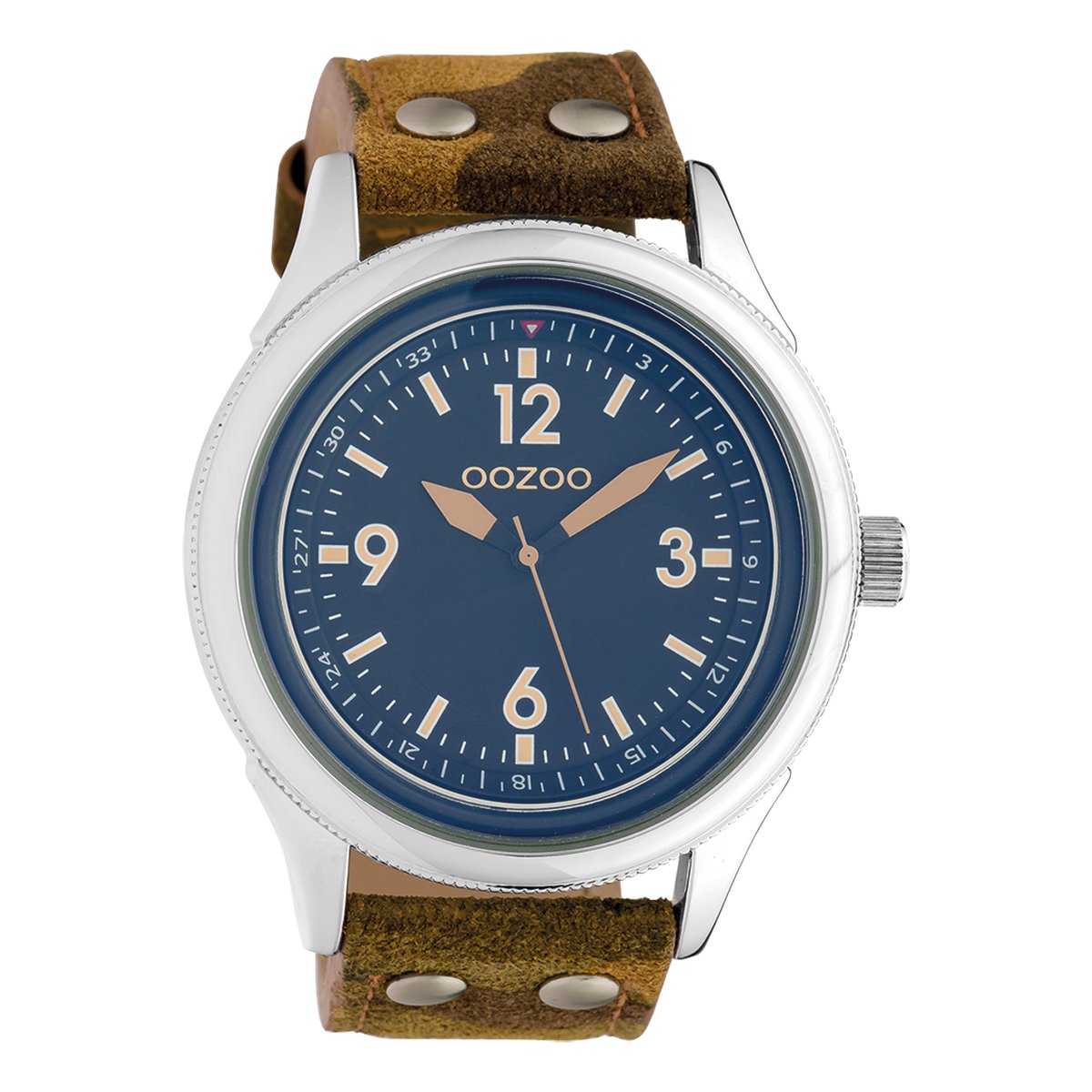 OOZOO Timepieces - Zilverkleurige horloge met camouflage leren band - C10352