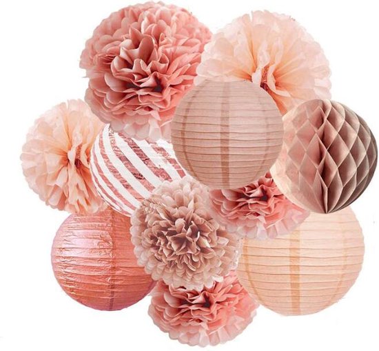 Joya Party® Pompom en Lampionnen Feest Versiering Zacht Roze | Decoratie | Verjaardag, Jubileum & Bruiloft | Zacht/Oud Roze
