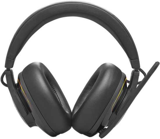 Zwarte JBL Quantum gaming headset met oranje gloed rond de oorschelpen.