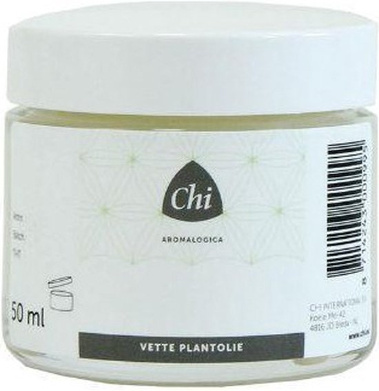 Wit potje met wit deksel, etiket 'CHI AROMALOGICA 50 ml VETTE PLANTOLIE'.