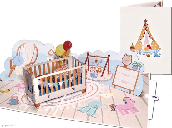 Popcards pop-up kaart – Geboortekaart Schattige Babykamer met Ledikantje pop-up kaart 3D wenskaart