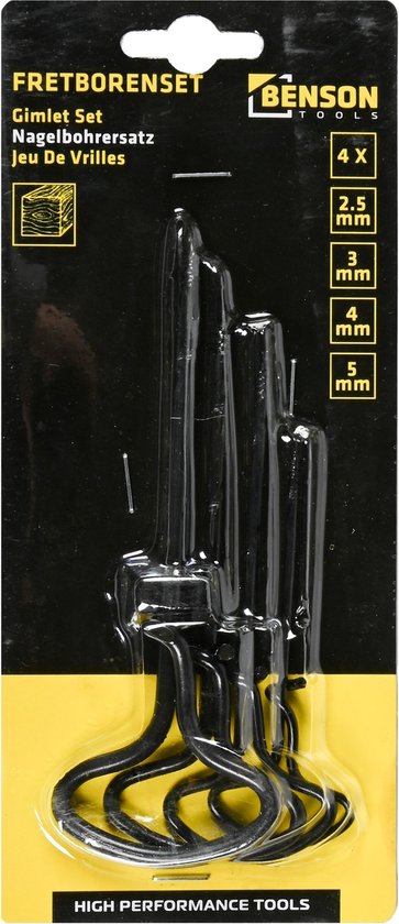 Verpakking met vier zwarte handboren met schroefdraad en T-handvatten. Maten: 2.5, 3, 4, 5 mm.