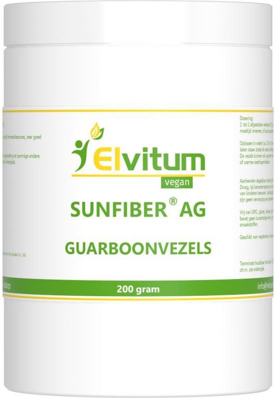 Witte pot met Elvitum Sunfiber AG guarboonvezels logo en 200 gram. Tekst in het Nederlands.