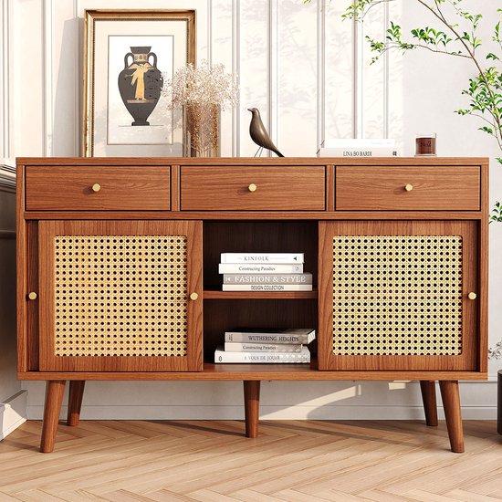 KOMHTOM Commode wit rotan dressoir, opbergkast met vier laden en een open vak, dressoir, multifunctionele kast voor woonkamer, eetkamer, slaapkamer (A