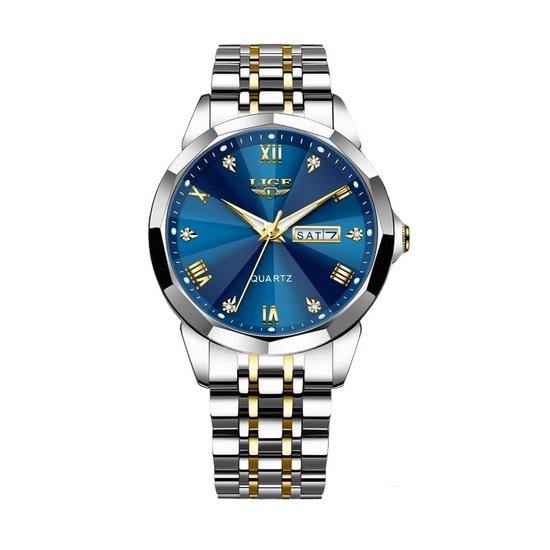 Lige Luxe Herenhorloge Mannen Zilvere Polsband Blauw en Goud Luxe Doos bol