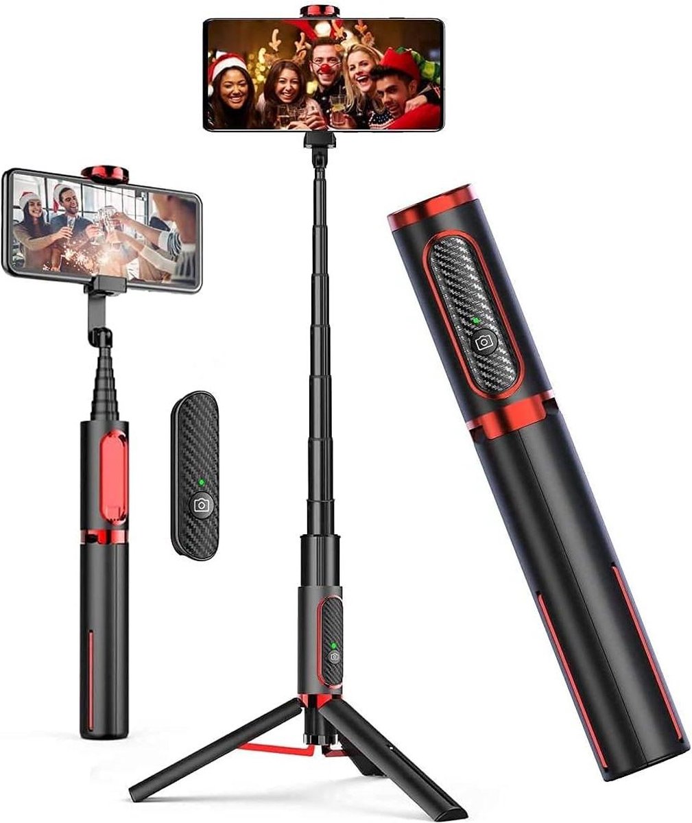 Bluetooth Selfie Stick Aluminium Statief - Mobiele Telefoon met Afstandsbediening - Voor iPhone Samsung Huawei - Video-opname Live Streaming - Rood selfie stick voor mobiele telefoon