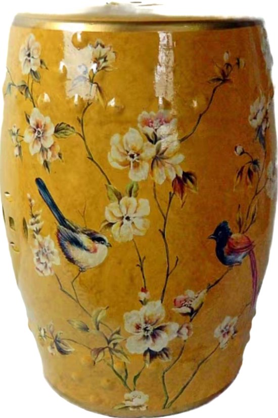 Fine Asianliving Keramische Kruk Yellow Birds Handmade - Helia D30xH45cm Keramiek Bijzettafel Porselein Stoel Tuinkruk