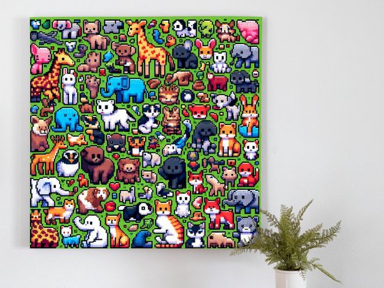 Pixel art dieren schilderij | Digitale fauna in sprankelende pixels: een dierenkunstwerk | Kunst - 100x100 centimeter op Canvas | Foto op Canvas