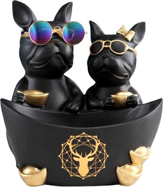 Sculpture Statue Bouledogue Français En Résine Avec Plateau - Décoration Animalière Moderne 22cm