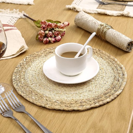 Bohemian geweven placemats van katoen en linnen met kwasten, afwasbaar, tafelset, tafeldecoratie voor thuis, keuken, restaurant, hotel, rustieke boho, bruiloftsdecoratie, 2 stuks, beige