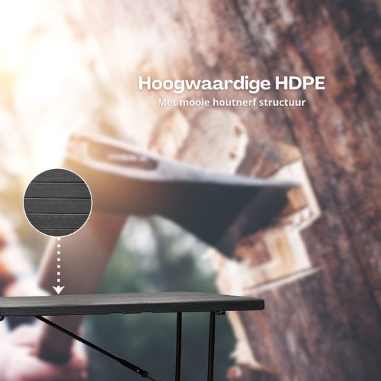 Zwart tafelblad met houtnerf structuur, 'Hoogwaardige HDPE' en detail van het blad.