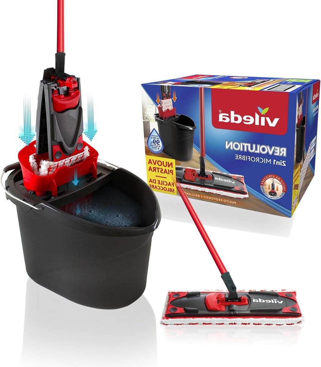 Goedkoopste Revolution Box vloerwassysteem met emmer - microvezeldoeken - voor alle vloertypes - handvat - zwart/rood - 40 x 283 x 285 cm - 3 stuks mop and bucket set