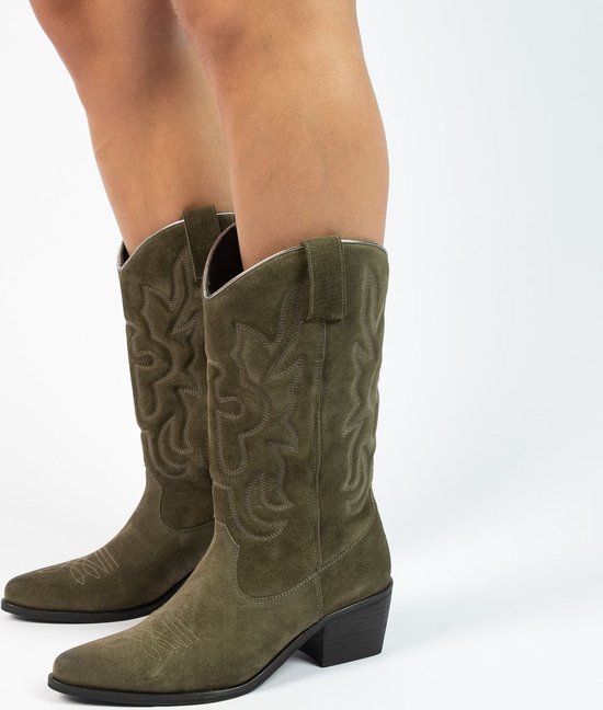 Manfield Dames Groene suede cowboy laarzen Maat 36 bol