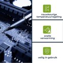 Soldeerbout op printplaat, met iconen voor nauwkeurige temperatuurregeling, snelle verwarming en veilig in gebruik.