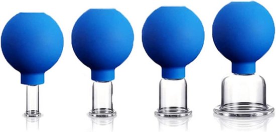 Vier blauwe gezichtsmassagecups met glazen onderkant van verschillende groottes.