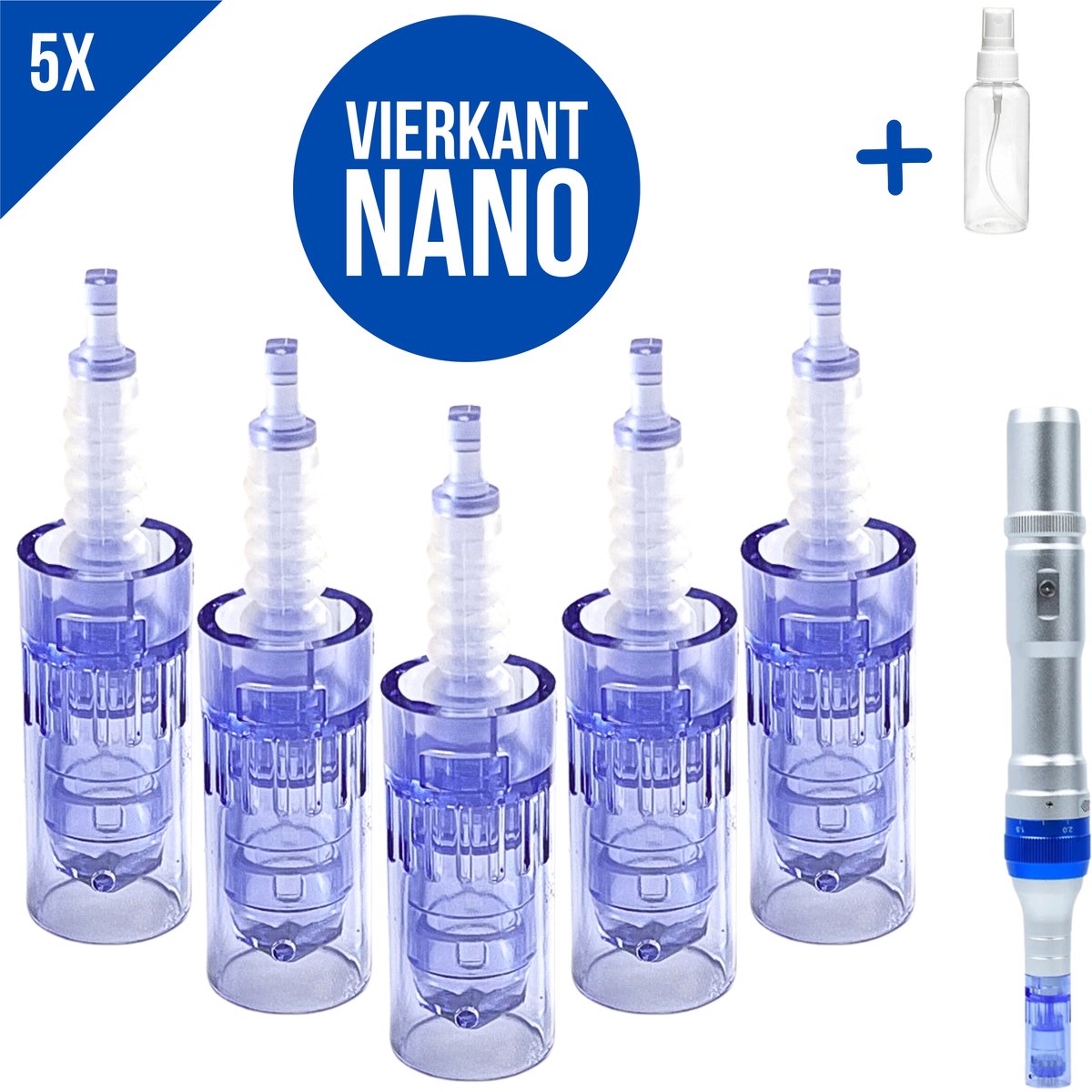 Dermapen naalden 5D vierkant nano - Microneedling cartidges - Mesotherapie - Vervangende naaldkoppen - Opzetstuk dermapen - Anti-aging - Huidverzorging - Geschikt voor Dr.Pen A6/A1/E30/M5/M7/N2/MyM - 5 stuks + Sprayflesje 50 ml per bestelling