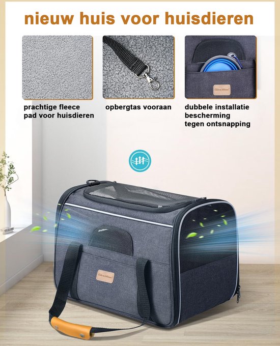Chateau Animaux Sac de Transport de Luxe Animaux domestiques - Voyage en Avion - Jusqu'à 7 KG - 44 x 34 x 31 cm - Petits Animaux domestiques - Design Elegant Zwart /Gris foncé - avec Abreuvoir