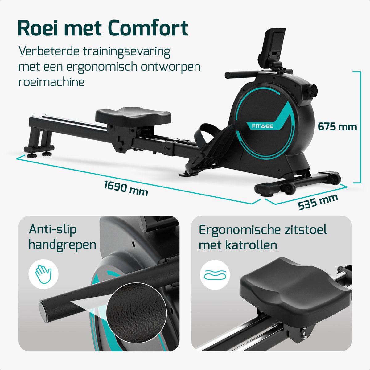 Afbeelding 2 van FITAGE Roeitrainer - Roeimachine 16 Weerstandniveaus - Roeiapparaat met Trainingsprogrammas en App - Roeitrainers - Inklapbaar