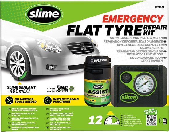 Kit De Réparation Slime Smart Repair 50050 - Compresseur 12V Et Gel Anti-crevaison - Jusqu'à 6 Mm - Sans Outil