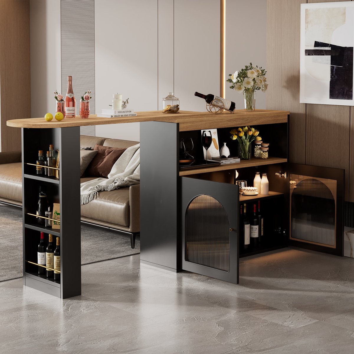 Sweiko Bar tafel (138-193) X39X105CM Moderne uitbreidbare bar tafel met opbergruimte, Uitbreidbare eettafel, kleine bar tafel, draaibaar, geschikt voor restaurants, met 1m lange LED strip (verstelbare lichtkleur), Zwart