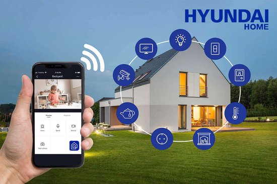 Hyundai Home smart huis concept met een huis, smartphone en omringende icoontjes van apparaten.