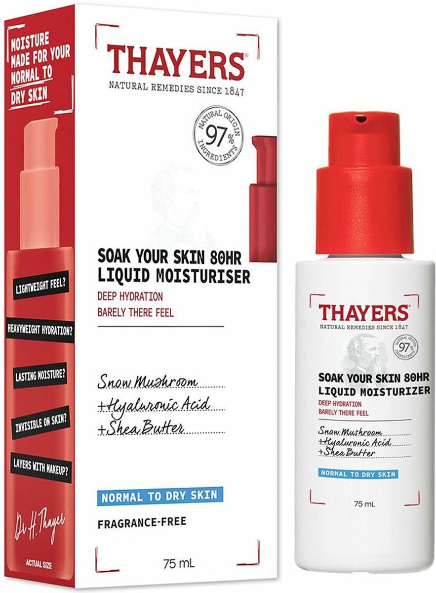 THAYERS 80HR Face Moisturizer met Hyaluronzuur & Snow Mushroom 75ML – Parfumvrije Milky Moisturizer – Intensieve Hydratatie tot 80 Uur – Lichtgewicht Gezichtscrème voor Normale tot Droge Huid
