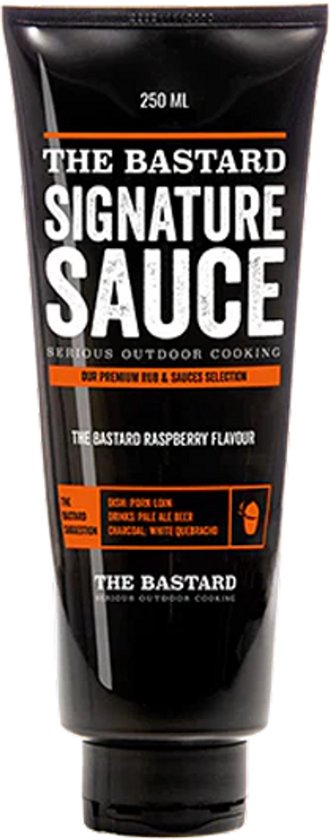 The Bastard Signature saus in zwarte knijptube, 250ml, frambozensmaak.