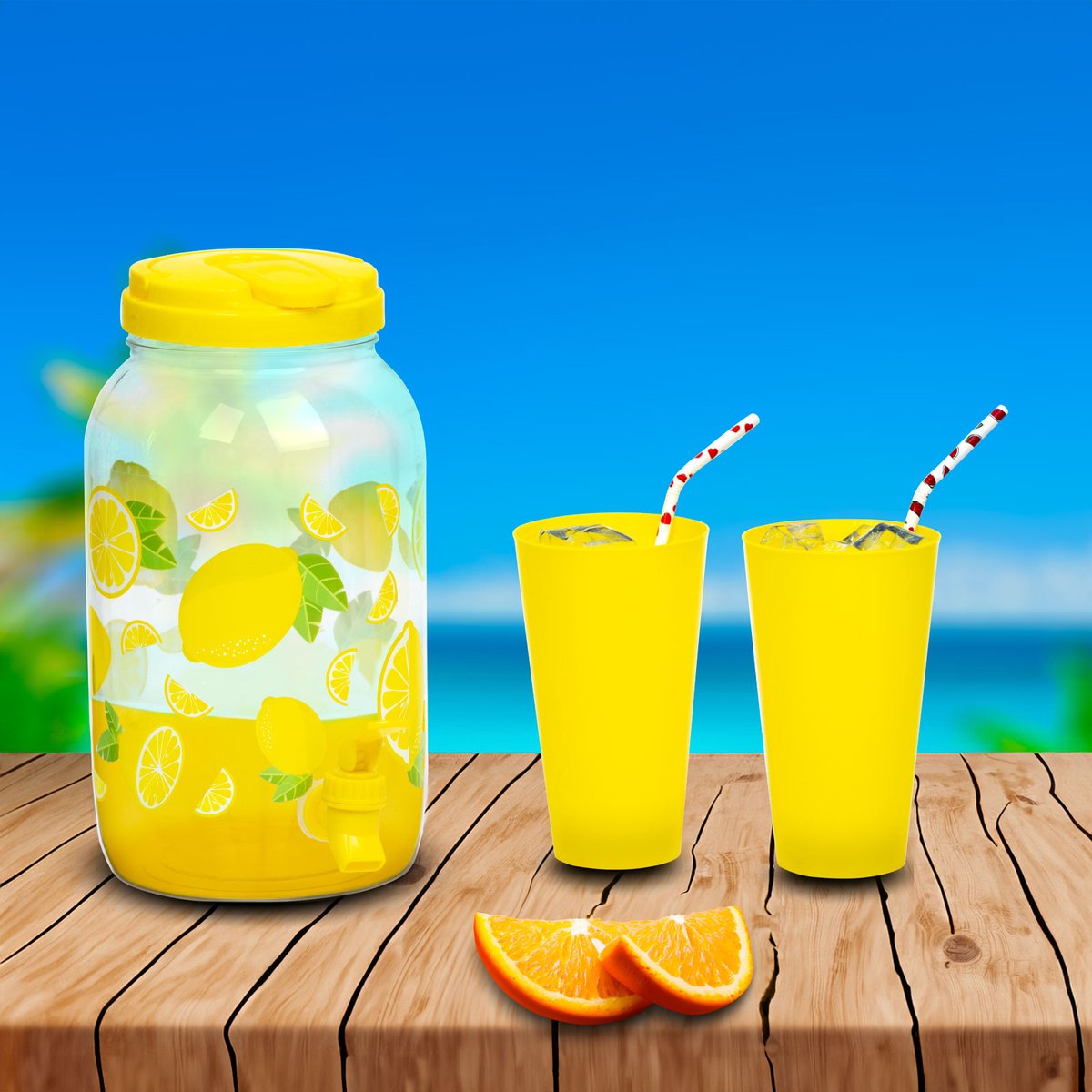 Limonadedispenser met Kraantje en 4 bekers - Drankdispenser 3,8 Liter - Kunststof - Waterdispenser - Dispenser - GEEL - Citroendesign