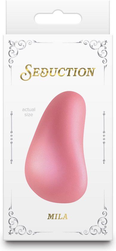 La boîte Seduction Mila, avec une découpe révélant le vibromasseur rose en forme de poire. 'actual size' est visible.