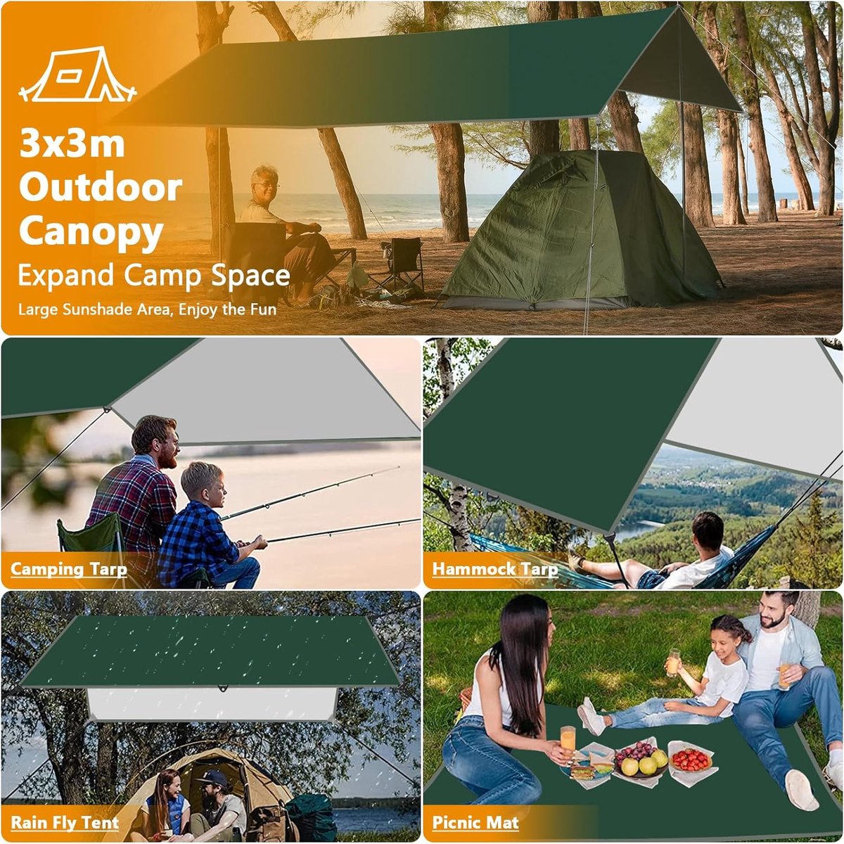 Bâche Anti-Pluie 3x3m Imperméable – Tarp Camping Ultra Résistante Avec 6 Piquets & Cordes, Abri Hamac, Auvent, Tente Solo Ou Pique-Nique (Vert/Camouflage)