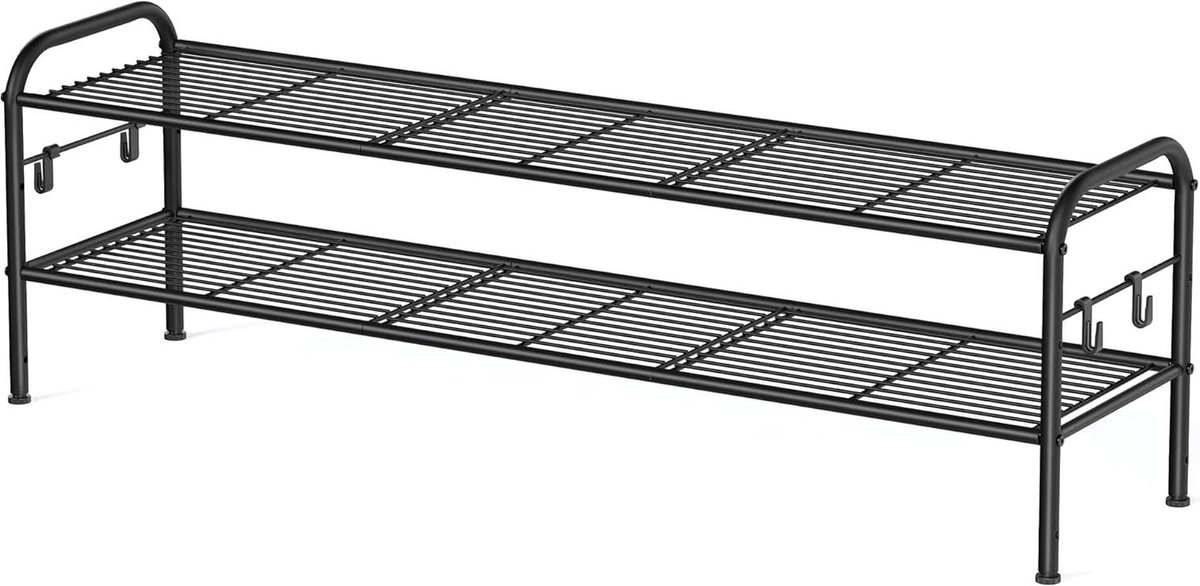 2-laags metalen schoenenrek met 4 zijhaken biedt plaats aan 12 paar schoenen in hoogte verstelbare plank voor entree hal garderobe eenvoudige montage zwart shoe storage garage