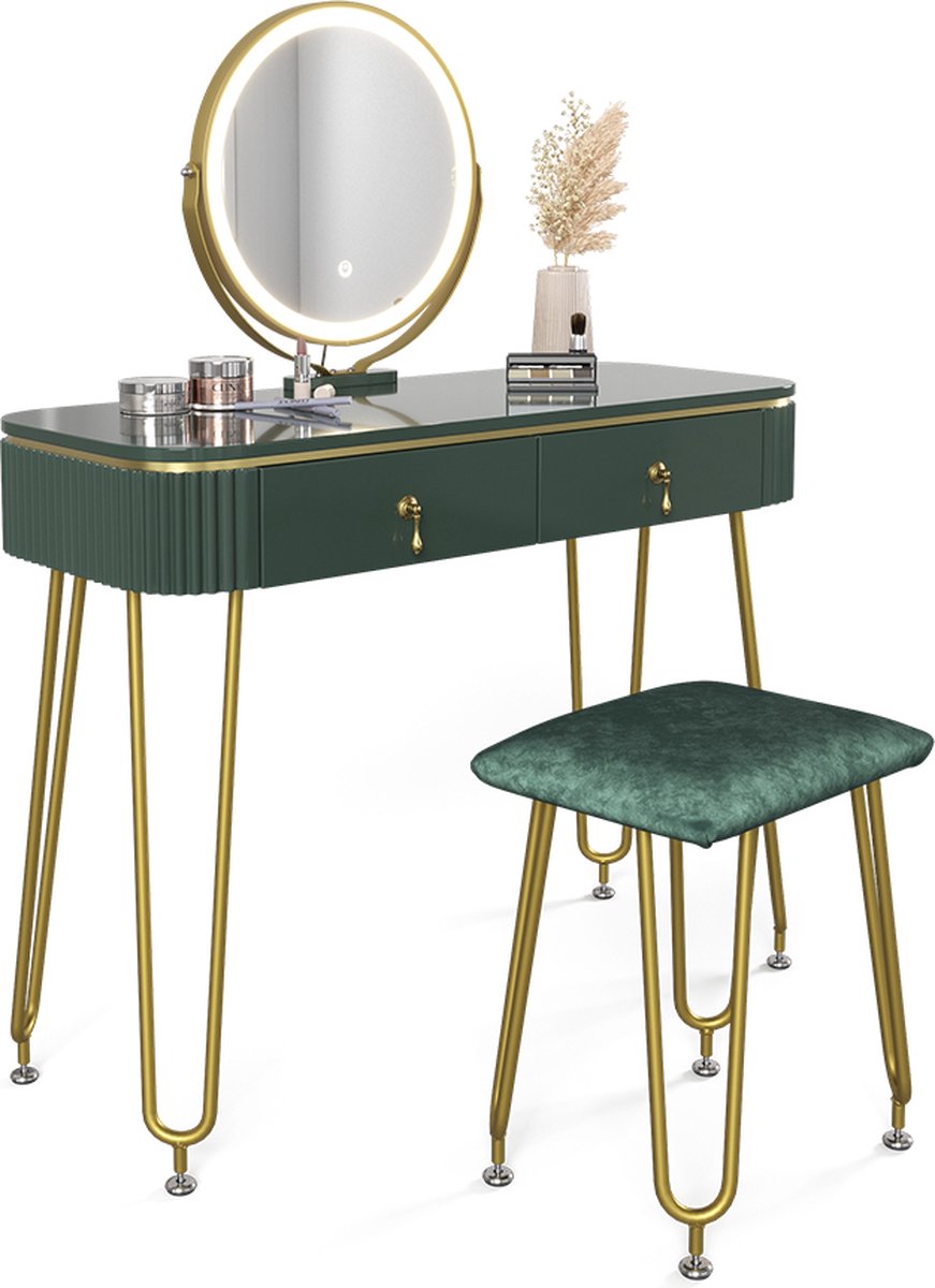 Vicco Grace Kaptafel set met kruk – 100 cm met LED-verlichting en kruk Donkergroen hoogglans