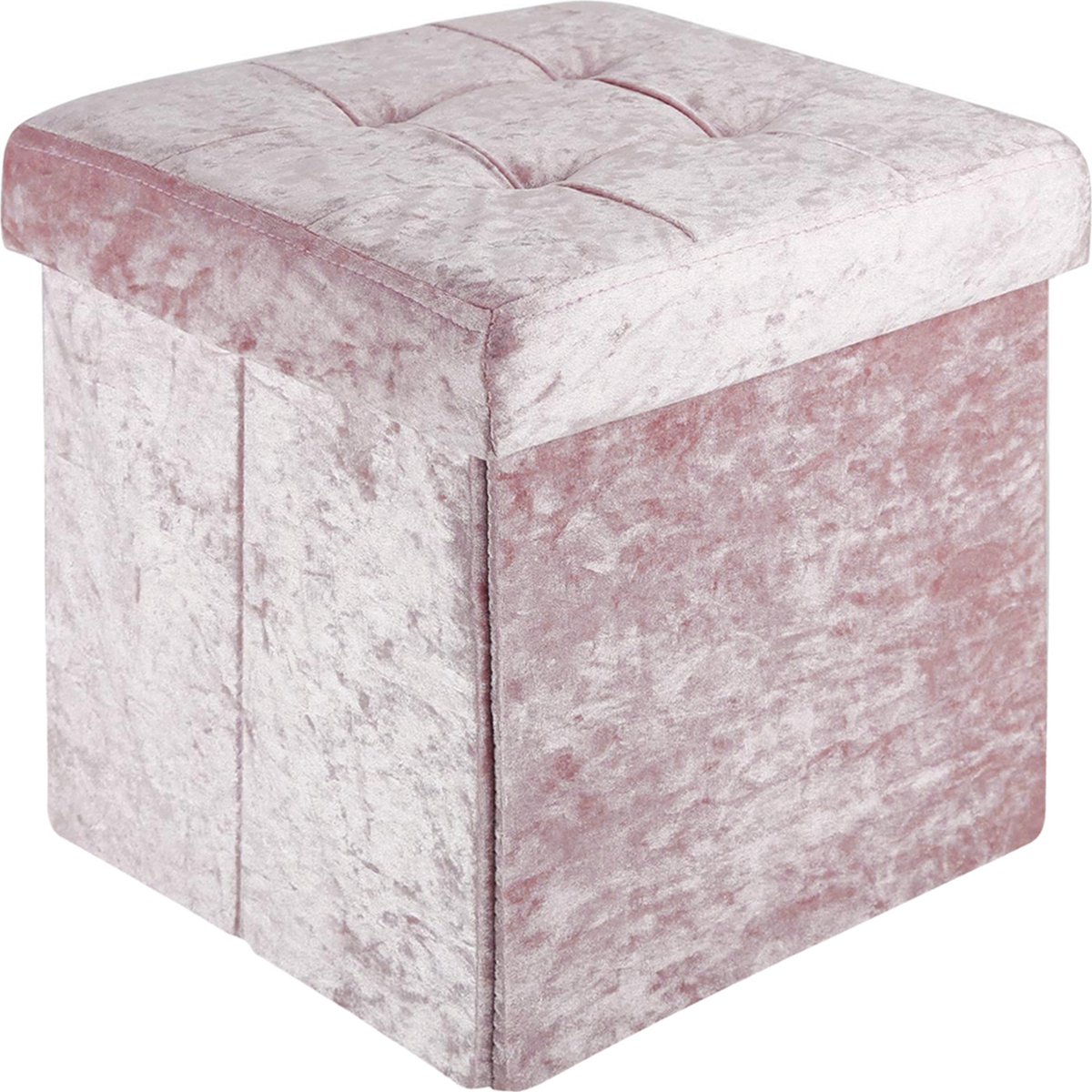 Intirilife Opvouwbaar krukje 30x30x30 cm in fluweel rosé - Zitkubus met opbergruimte en deksel met fluwelen hoes - Zitkubus voetensteun opbergkist zitbank