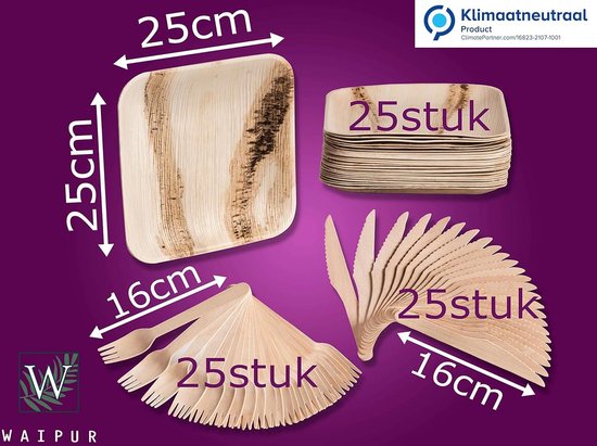 Waipur Bio Palmblad Bord – 25 Grote Borden, Messen en Vorken - Composteerbaar Eersteklas Wegwerp Servies - Milieuvriendelijke Wegwerp Borden - vergelijkbaar met Bamboe Bordjes