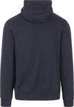 Achterkant van een donkerblauwe hoodie.