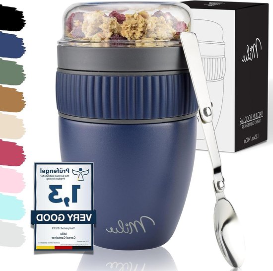 Bol à Muesli Et Yaourt à Emporter - 2 Parties Isothermes - Capacité 350 Ml + 100 Ml - Avec Cuillère Et Couvercle étanche