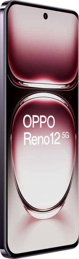 Rechter schuine aanzicht van de OPPO Reno12 5G met focus op het slanke ontwerp en het heldere scherm.