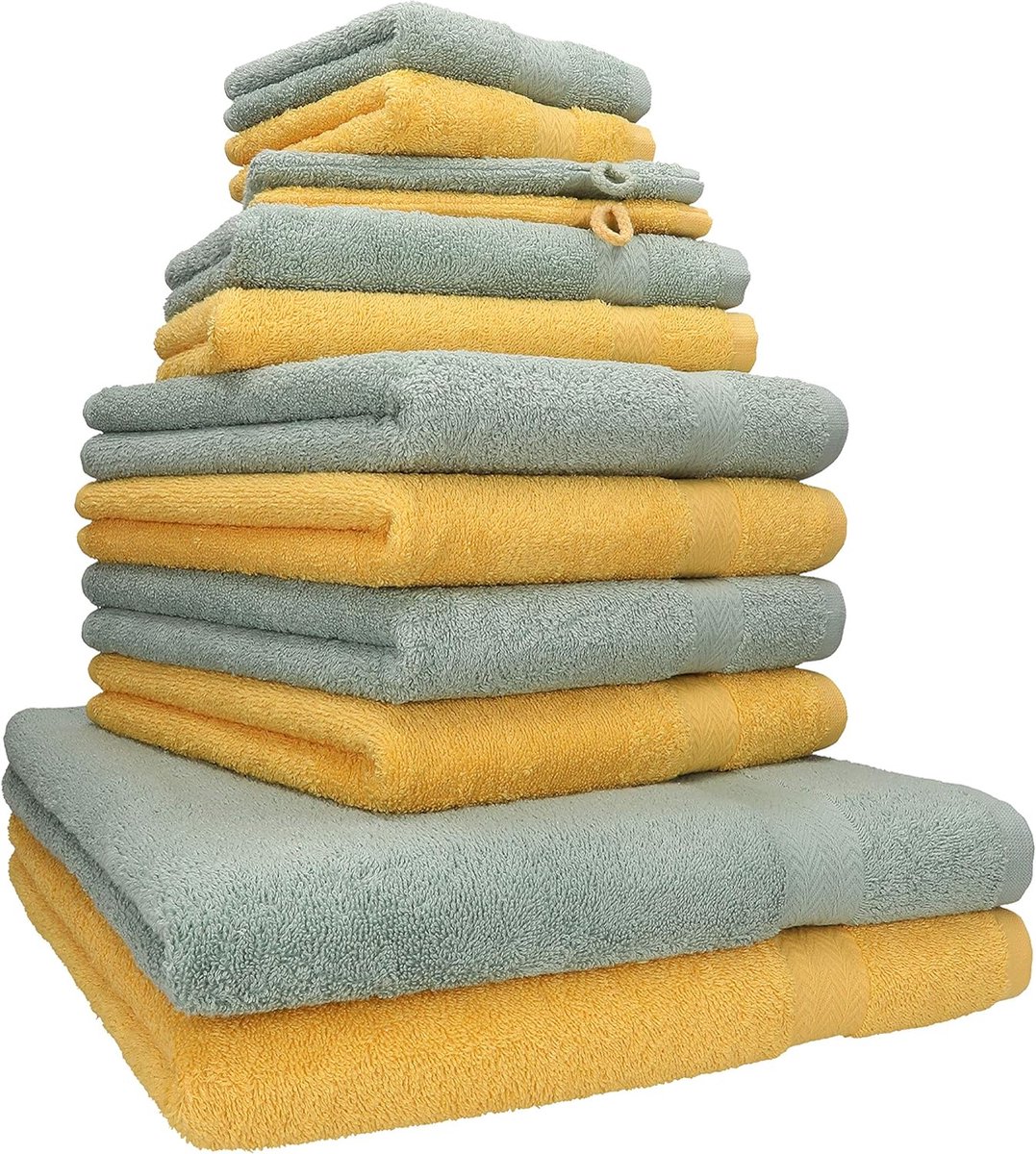 12-delige handdoekenset Premium 100% katoen 2 douchehanddoeken 4 handdoeken 2 gastendoekjes 2 zeepdoekjes 2 washandjes honinggeel/hooigroen