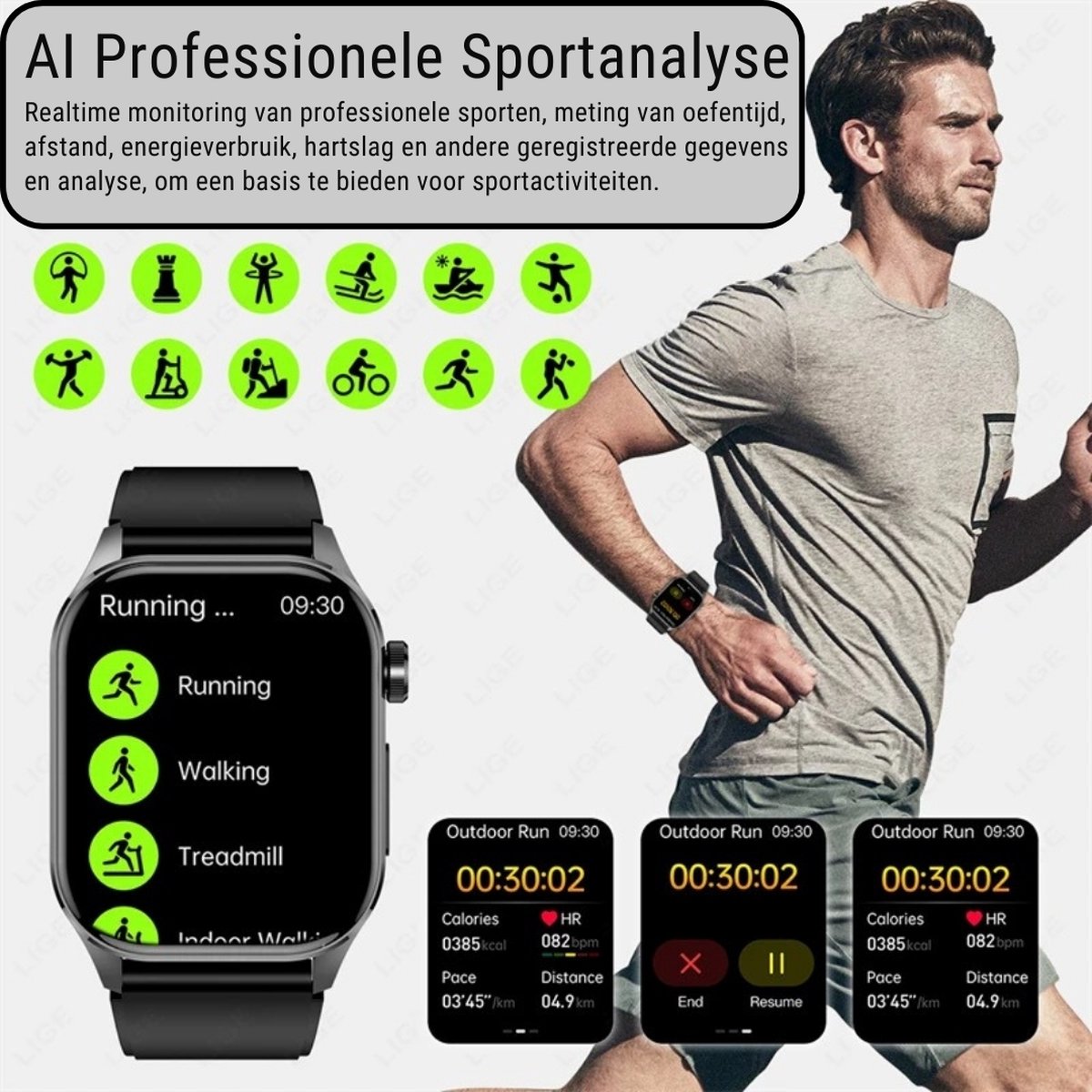 Afbeelding 2 van Smartwatch Sporthorloge - Glucosemeter - ECG Hartslagmeter - Sporten - Stappenteller - IP68 Waterdicht - Zwart